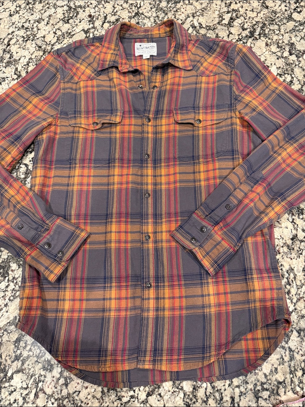 Lucky Brand Mens Gray Orange Flannel Tartan Plaid Pearl Snap shirt size S